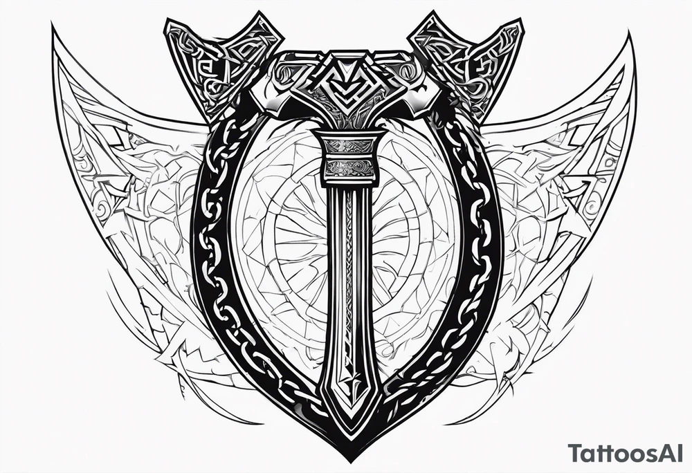Valhalla sword shield dragon axe Valknut barbed wire chains tribal tattoo idea Valhalla sword shield dragon axe Valknut barbed wire chains tribal tattoo idea