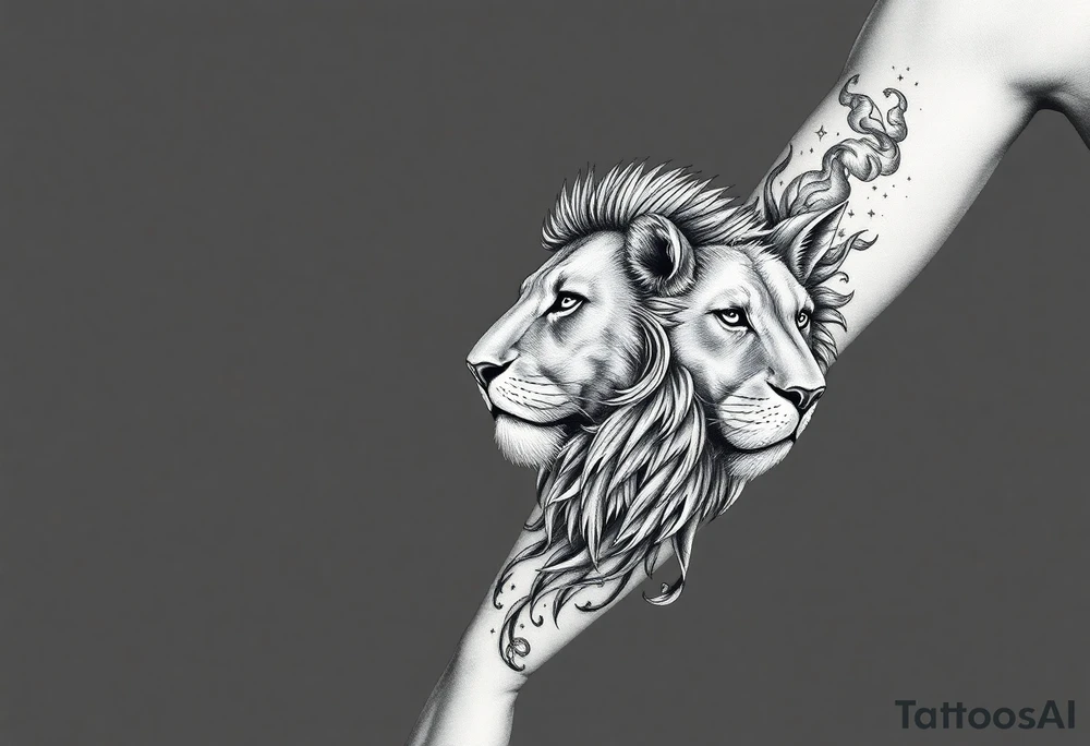 A full sleeve tattoo in black and grey realism, with a majestic lion’s face as the main focal point on the outer forearm. A subtle, ethereal phoenix rising through smoke and ash blends upward toward the upper arm. The background fades into a dreamy night sky with faint stars and the Leo constellation subtly woven in. Incorporate fine-line details and smooth shading to keep it soft and not overly bold. Avoid harsh outlines. Include natural elements like wisps of clouds or faint leaves to tie the design together organically. tattoo idea