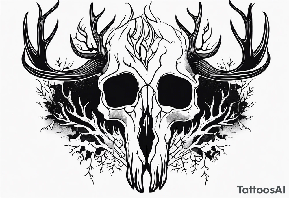 Halloween side view of a DECAYING deer skull JUST BONE surrounded by a flames and trees in background tattoo idea