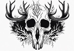 Halloween side view of a DECAYING deer skull JUST BONE surrounded by a flames and trees in background tattoo idea