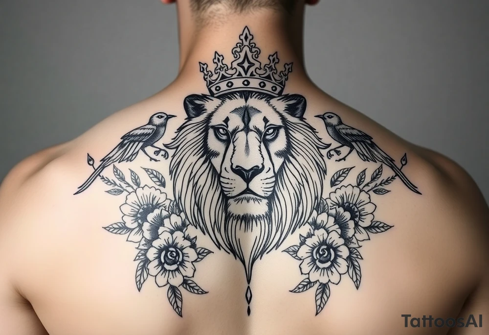 powerful majestic lion with a crown, surrounded by floral ornaments and birds tattoo idea