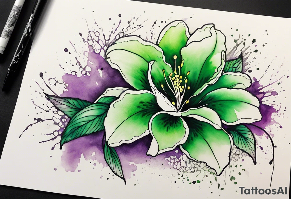 An outline of a green rio dipladenia flower and a green and purple watercolor splash in the background tattoo idea