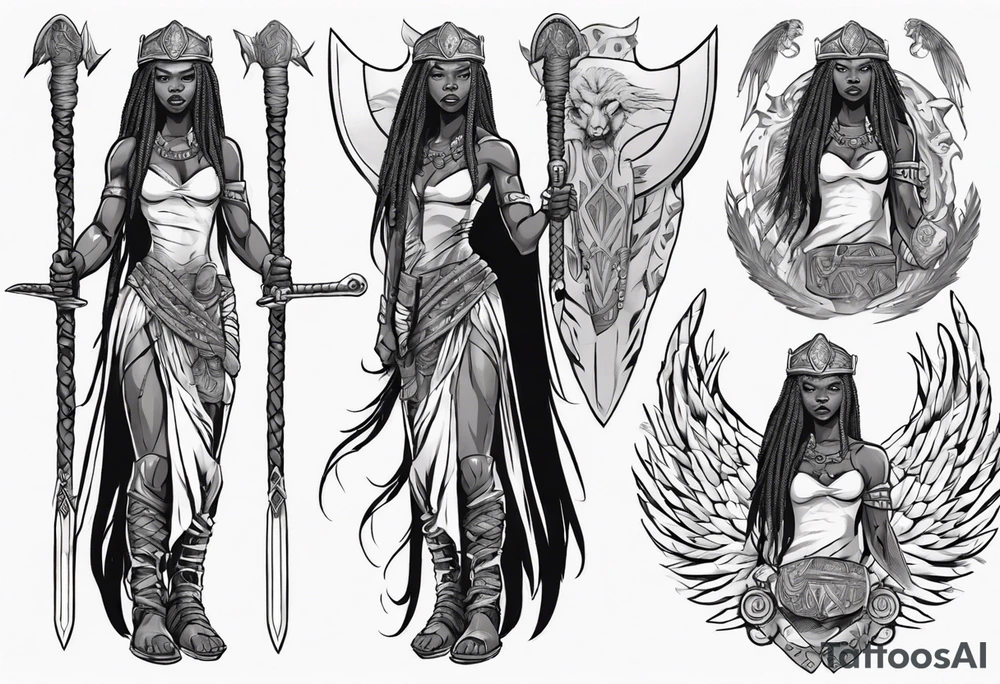 African female valkyre Viking warrior full body angelic
slim long face long braided hair descending from heaven holding sword & shield tattoo idea