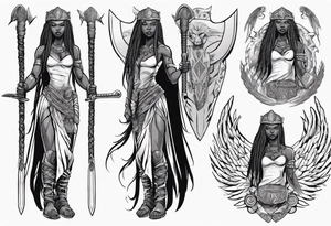 African female valkyre Viking warrior full body angelic
slim long face long braided hair descending from heaven holding sword & shield tattoo idea