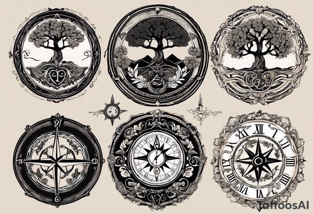 Craft a tattoo design that seamlessly integrating the tree of life, a doctor bird, lignum vitae flowers, a nautical compass, and an old-school pocket watch. The design should flow from the arm to the chest, emphasizing equal importance for each element. Utilize traditional the petals to tribal lines to separate and combine patterns and symbolism to convey meaningful representation of these elements within the design, executed in a black and grey color scheme tattoo idea