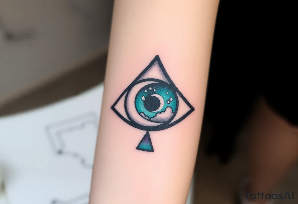 Large outline of an almond shaped eye with an ace of spades for the eyeball colored greenish blue with a crescent moon stars and clouds inside vivid colors blue green purple tattoo idea