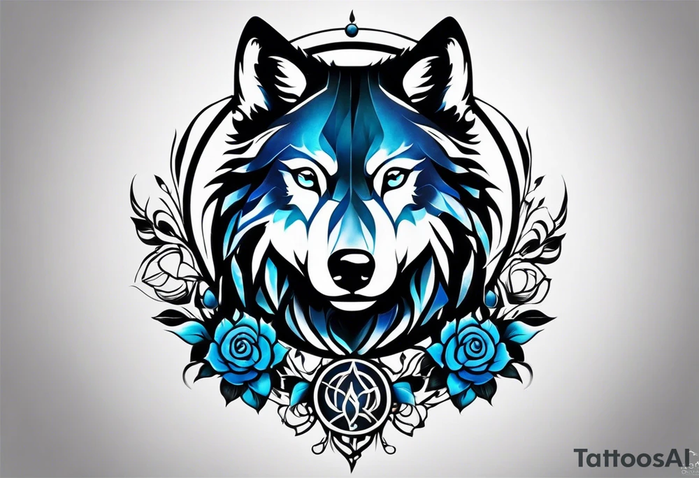 a tattoo whose main theme is balance but also resembles new begining, strong willpower, peace and loyalty. This should be for the front part of the shoulder. maybe add the ying-yang symbol somewhere in the tattoo. Tattoo should have an equal amount of blue and red along with the overall tattoo being black. In corporate a wolf into the tattoo, make sure it resembles ing and yang tattoo idea