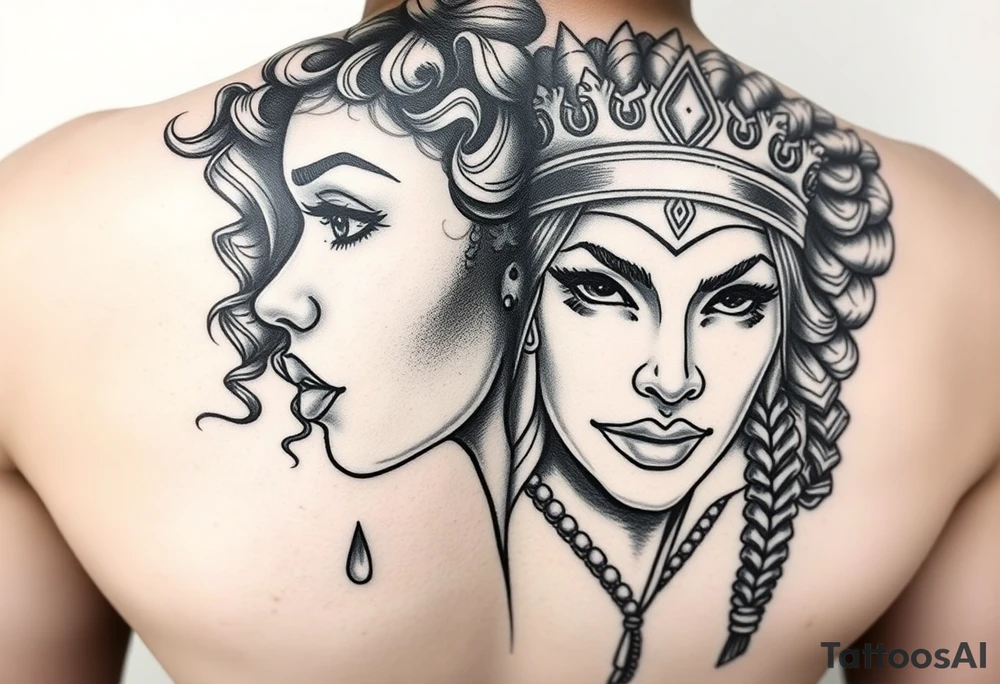 A beautiful woman with beautiful curly hair, and a teardrop falling from her eyes, African American- other 1/2 a beautiful warrior women with a crown and a smirk on her face. Embodying 1/2 faced one soft and gentle-one strong and mighty. Blend together onto 1 face tattoo idea