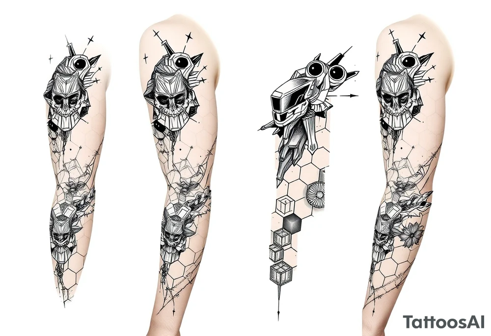 design a full sleeve tattoo that consists of a base layer of abstract hexagon pattern overlaid with a little blackwork abstract while incorporating the top tattoo and integrating slight biomech designs tattoo idea