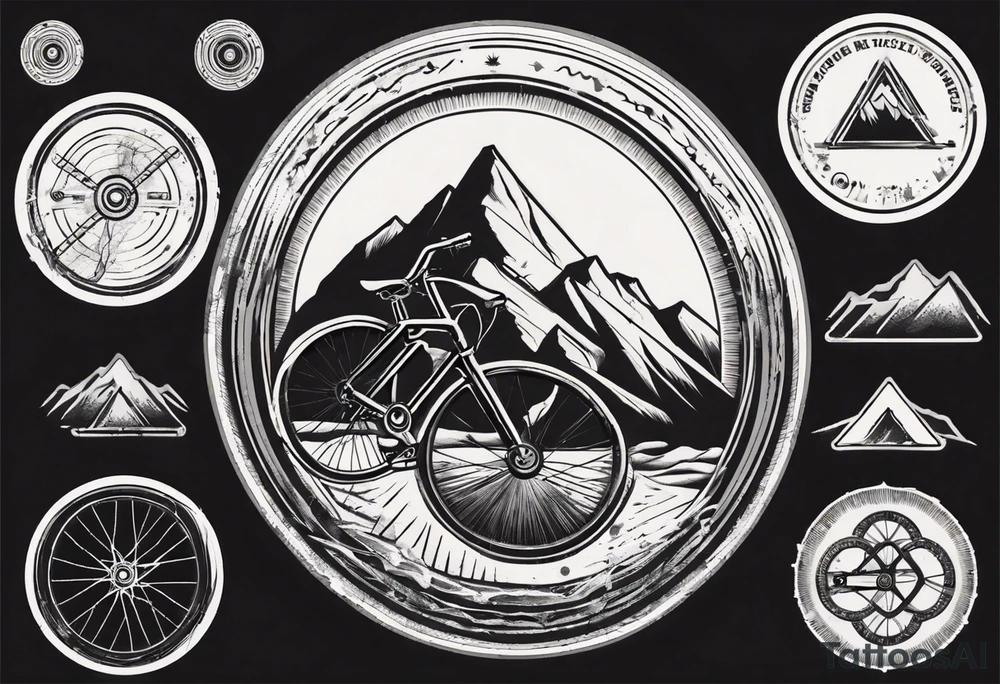bicycle wheel as a weight plate with a mountain in the middle tattoo idea