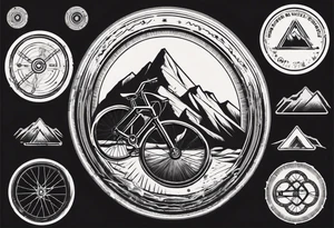 bicycle wheel as a weight plate with a mountain in the middle tattoo idea