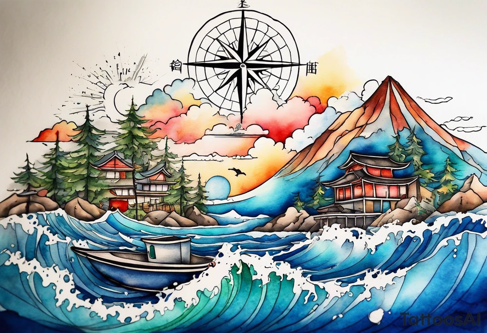 Travel themed for thigh, compass rose overlaid with beach, mountains, city scapes and European landmarks in and around it, spilled watercolor and tiny jet plane silhouette and a tiny ski boat in the water tattoo idea