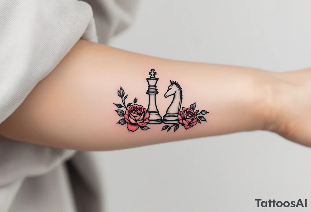 A fine-line black and gray tattoo of a chess king and queen piece intertwined with red roses. tattoo idea