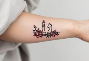 A fine-line black and gray tattoo of a chess king and queen piece intertwined with red roses. tattoo idea