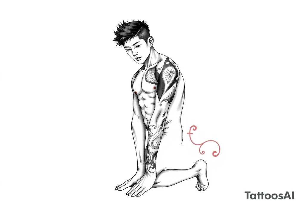 Handsome Asian young guy is standing on his knees tattoo idea