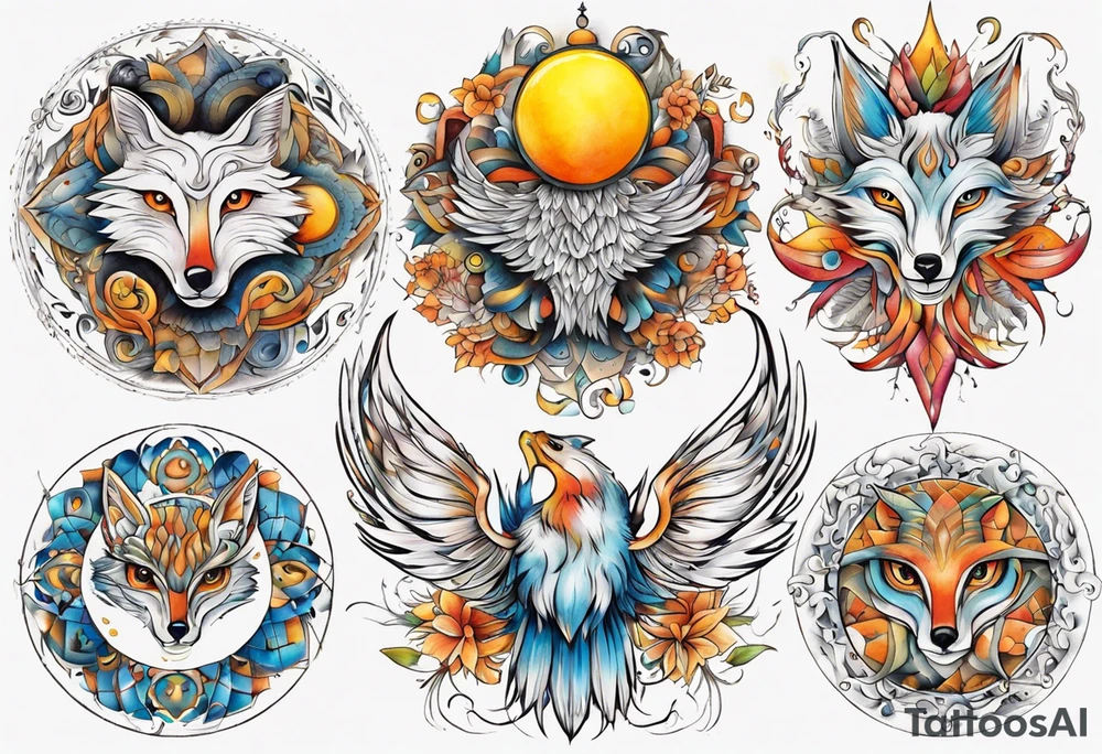 fisch, fuchs und eule , symetrie  sonne, universum, bunt, " sapere aude" tattoo idea