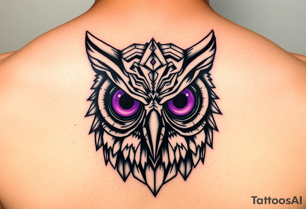 Geometric Owl head with large intense tripping purple eyes without pupils, cyber tattoo idea