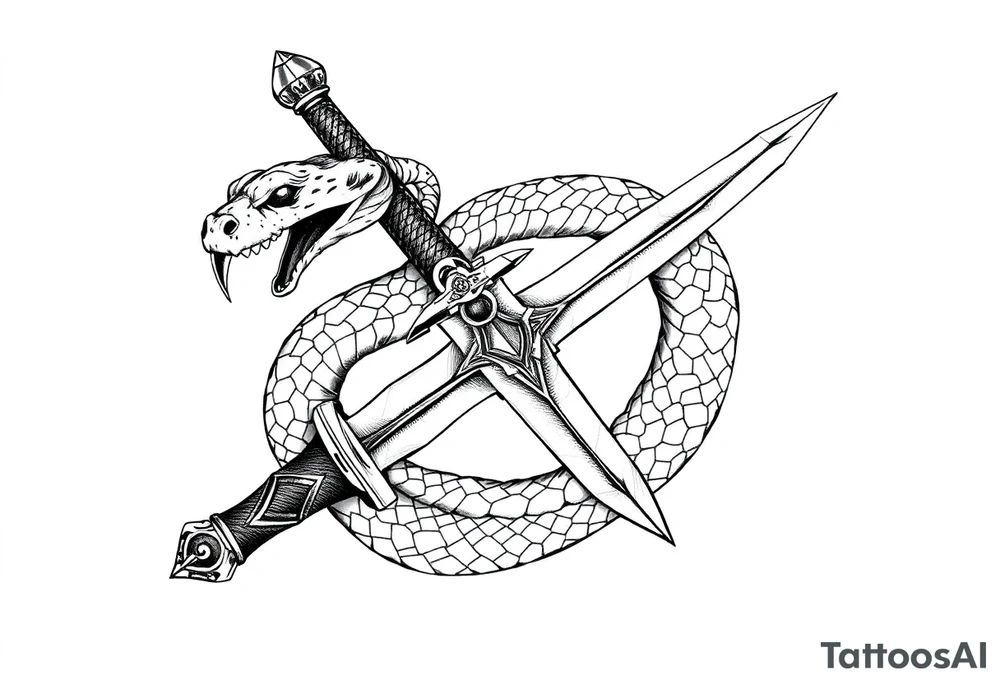 mystical snake coiled around an ancient dagger with jeweled hilt tattoo idea