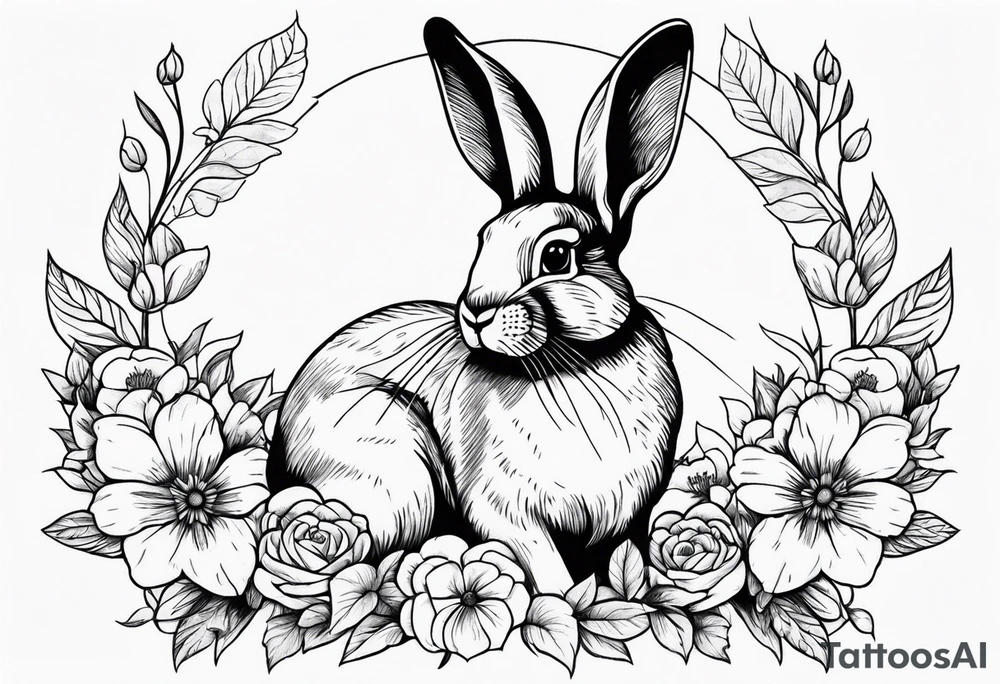 Realistic rabbit in the middle of realistic flowers and leaves tattoo idea