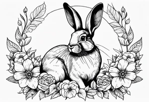 Realistic rabbit in the middle of realistic flowers and leaves tattoo idea