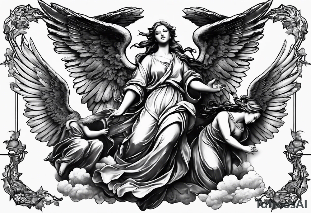 one big angel with 3 angels flying in the back with shading and clouds tattoo idea