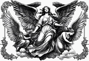 one big angel with 3 angels flying in the back with shading and clouds tattoo idea