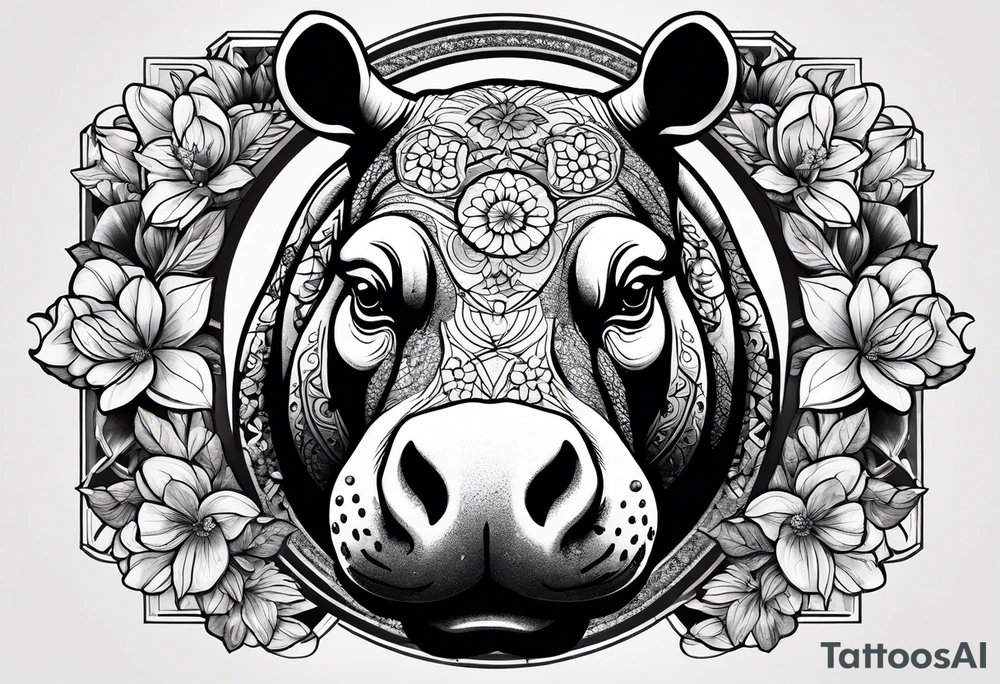 A hippo head with a detailed realistic full moon on upper right corner and wintersweet flower on lower left corner tattoo idea