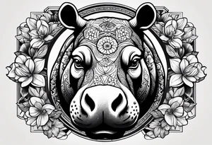 A hippo head with a detailed realistic full moon on upper right corner and wintersweet flower on lower left corner tattoo idea