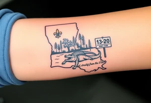 Louisiana state outline with fleur-de-lis, a bayou with a gator and trees , the 318 area code and and quote that says  Out the dirt, out the water, straight from 318 , a sign that says I- 20 tattoo idea