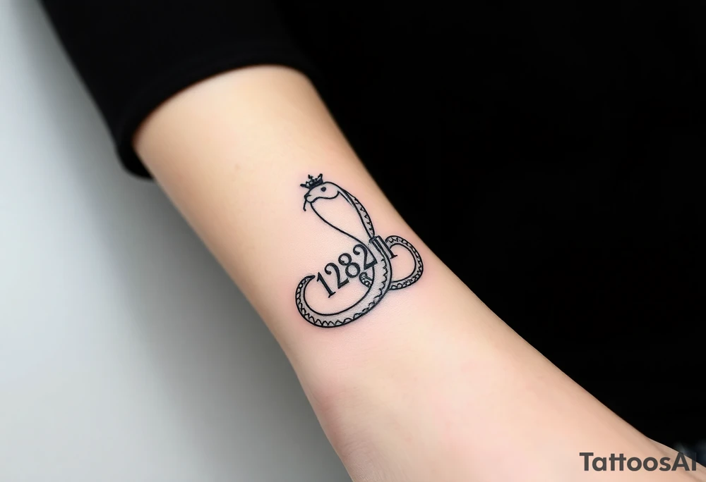 I want a small simple silhouette lines black and white wrist princess like girl snake tattoo that has number 12821 on its body along and also I want it to represent feminine energy crown queen Cycle tattoo idea