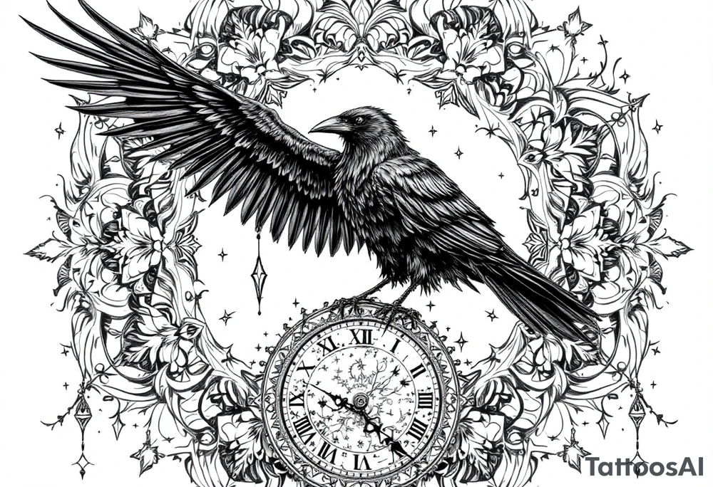 black raven standing on a clock face mandala tattoo idea