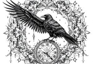 black raven standing on a clock face mandala tattoo idea
