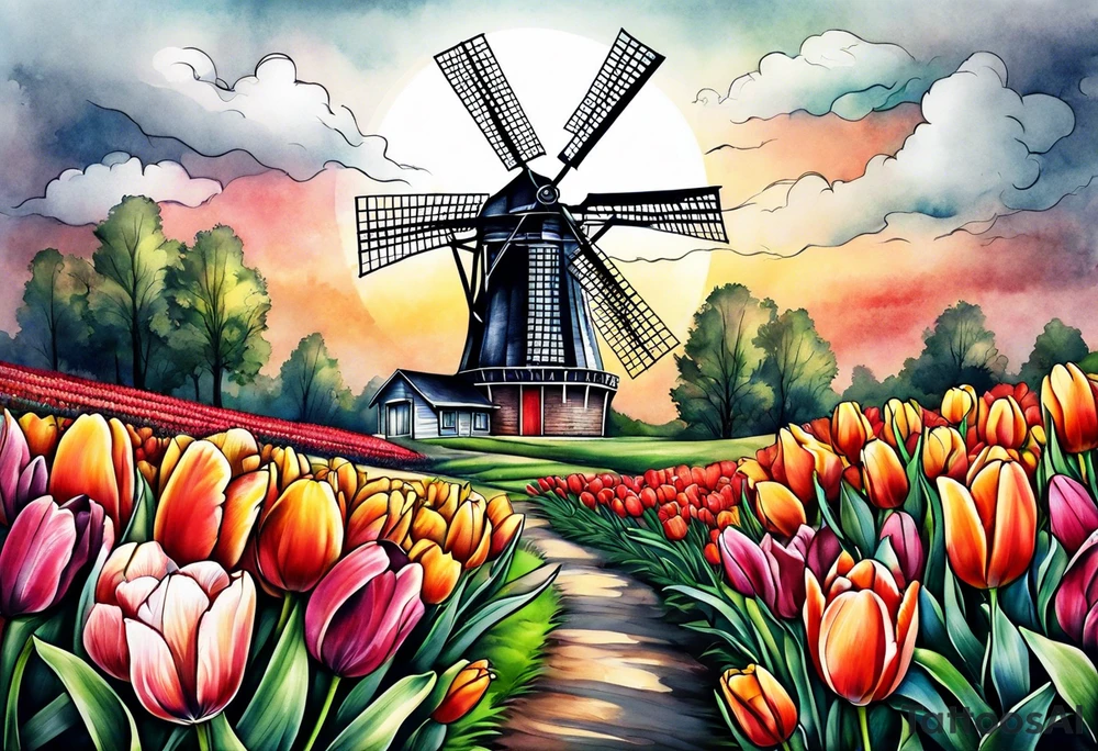 windmill and tulips tattoo idea