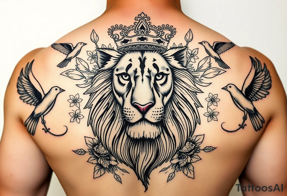 powerful majestic lion with a crown, surrounded by floral ornaments and birds tattoo idea