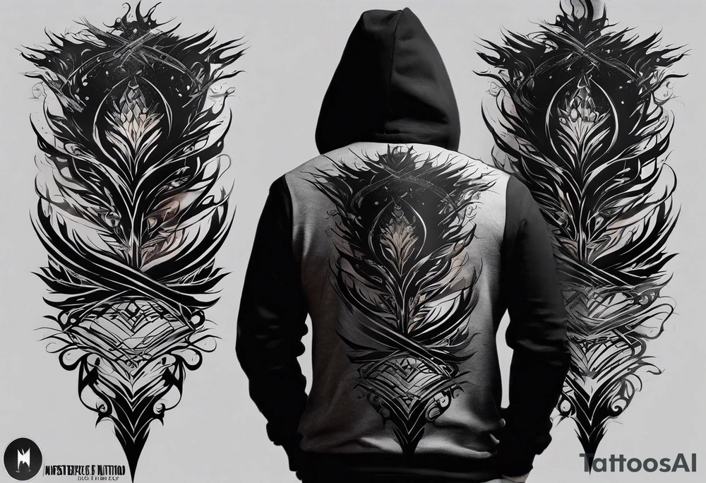 Certainly! Here’s a description for your back tattoo:

---

**Tattoo Description:**

Design: Black work, paint strokes.
Location: Back.
Concept: Dante's Inferno, representing the layers of hell.

**Design Details:**

1. **Vertical Lines:**
   - Two bold, vertical lines run parallel up the spine, symbolizing the journey through the depths of Dante's Inferno.

2. **Horizontal Lines:**
   - Nine horizontal lines intersect the vertical lines, each representing one of the nine circles of hell.
   - The lines descend down the back, each becoming progressively shorter and narrower to signify the decreasing levels of hell's circles.
   - The paint stroke style gives the lines a dynamic, brush-painted appearance, enhancing the dramatic and artistic effect.

3. **Overall Style:**
   - The black work technique ensures a striking contrast, with deep black ink emphasizing the severity and depth of the concept.
   - The paint stroke style adds an element of fluidity and movement, symbolizing the chaotic and tortured nature of hell as depicted in Dante’s Inferno.

---

This description provides a clear and detailed vision for your tattoo artist to work from, capturing the essence and symbolism of Dante’s Inferno in a powerful and visually striking way. tattoo idea