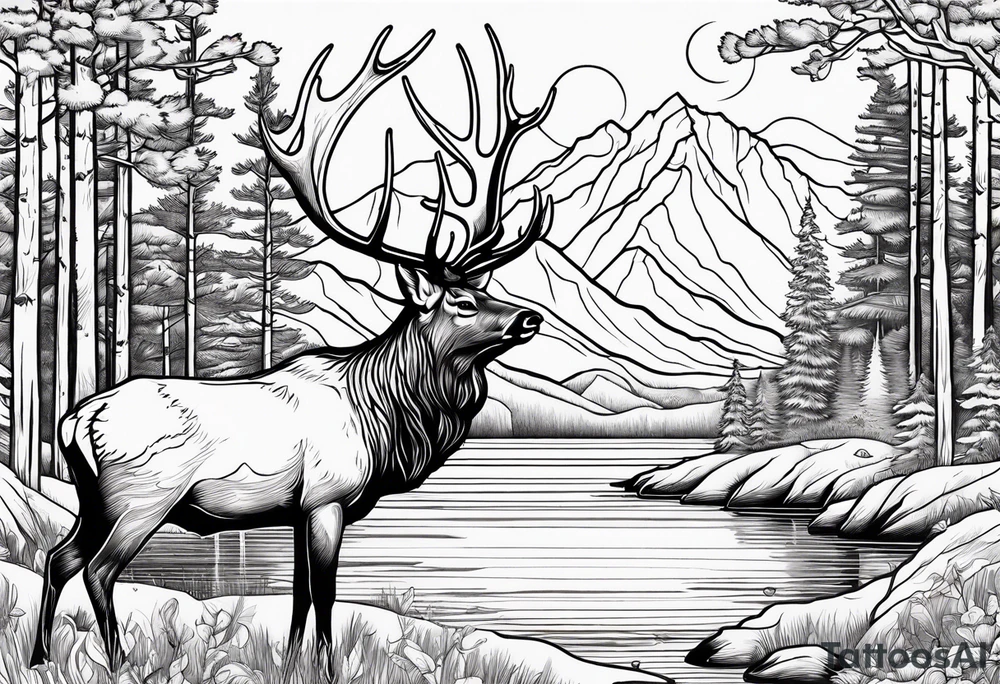 Elk water mountains rifle hunting trees birds deer bear tattoo idea