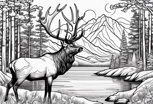 Elk water mountains rifle hunting trees birds deer bear tattoo idea