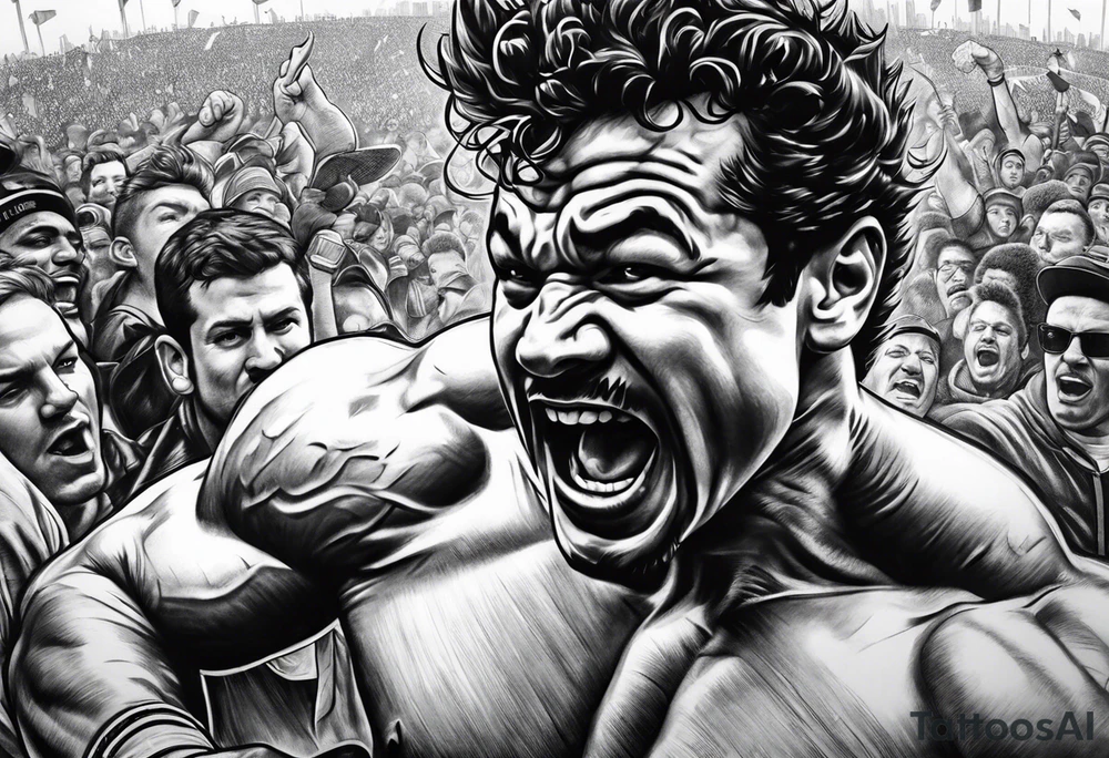 raging bull head busting through crowd tattoo idea