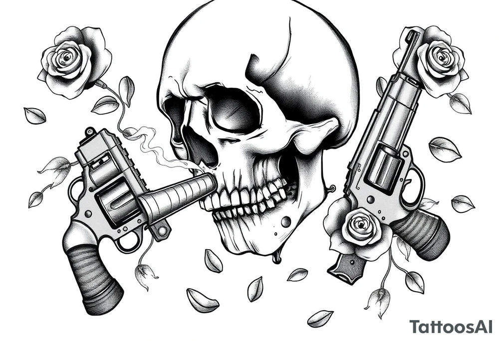Close-up skull profile, cigar burning, vintage revolvers flanking, rose petals falling. tattoo idea