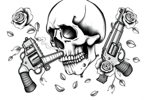 Close-up skull profile, cigar burning, vintage revolvers flanking, rose petals falling. tattoo idea