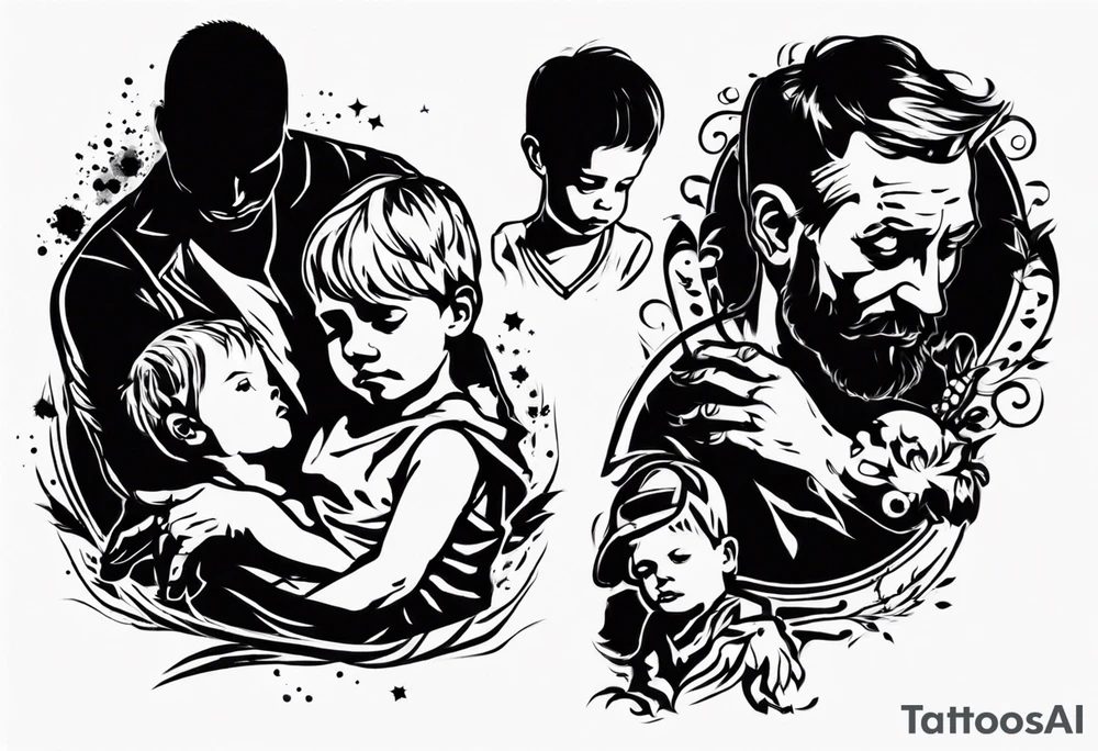 Silhouette of a father with two children tattoo idea