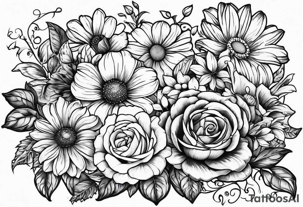 Roses, marigolds, cosmos, daisies, sweet peas and sunflowers vines long lines tattoo idea
