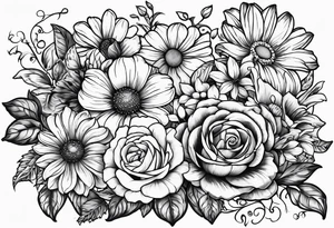 Roses, marigolds, cosmos, daisies, sweet peas and sunflowers vines long lines tattoo idea