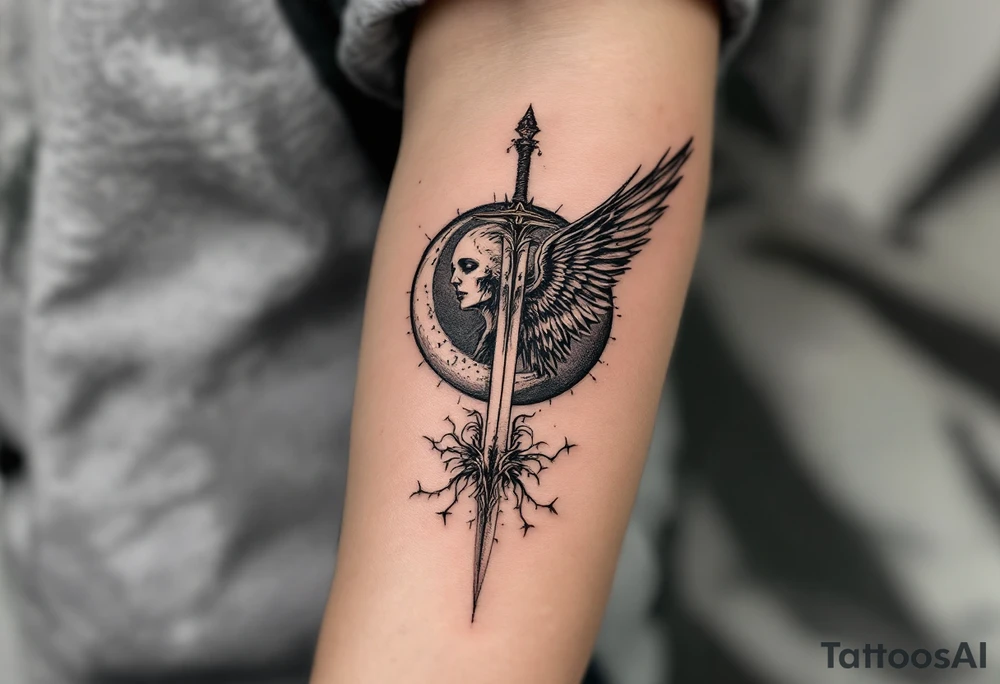 Momentum mori engraved on the sword of the angel of death tattoo idea