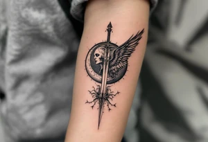 Momentum mori engraved on the sword of the angel of death tattoo idea