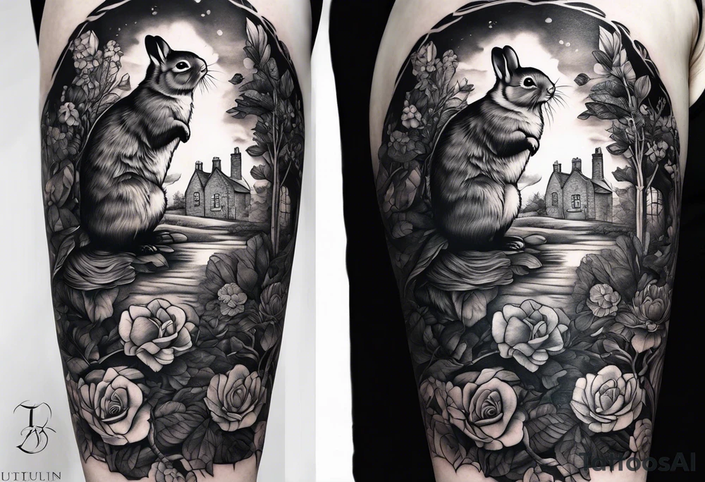 full arm sleeve very dark Beatrix potter tattoo idea