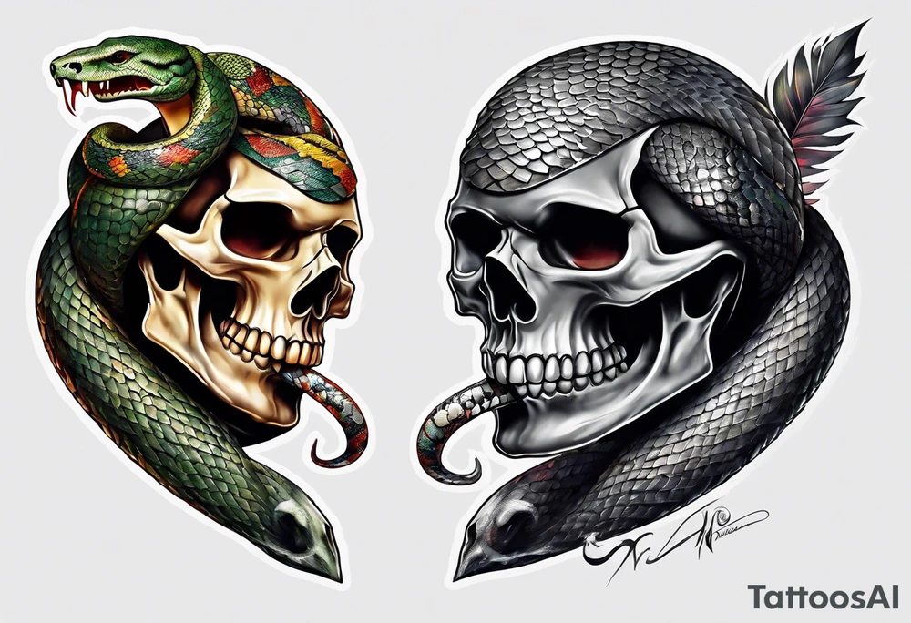 Snake wrapped around a dagger piercing through a skull tattoo idea