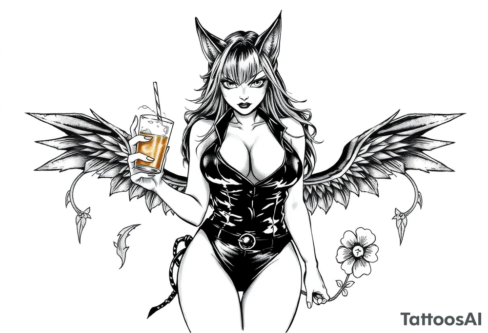 naked catgirl, slut, angry, leather, holding cocktail tattoo idea