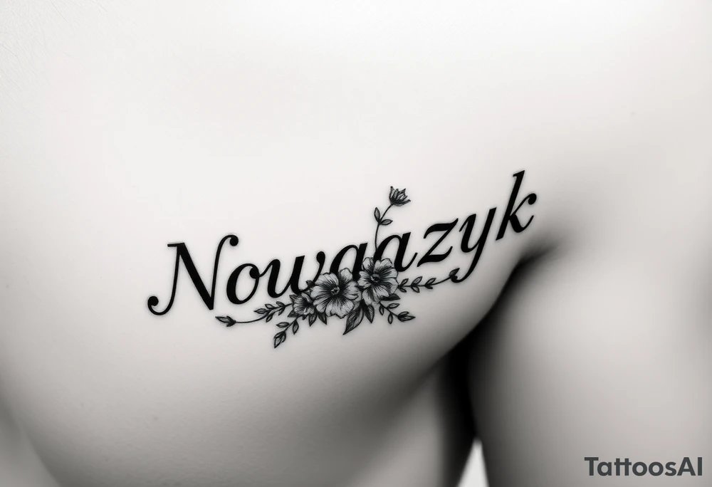 The word "Nowaczyk" with three flowers and vines on the lower tricep, medium size tattoo idea