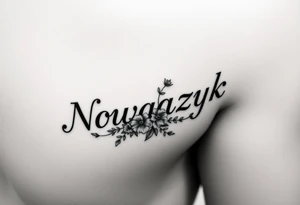 The word "Nowaczyk" with three flowers and vines on the lower tricep, medium size tattoo idea